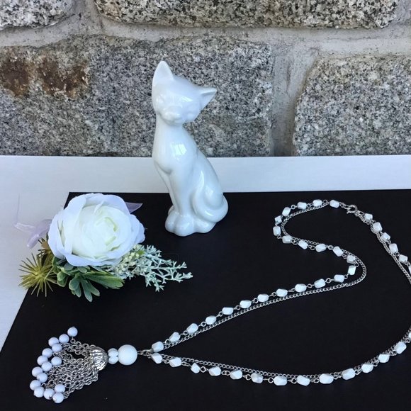 Jewelry - Vintage Mod Style Two Strand Chain and White Bead Tassel Necklace